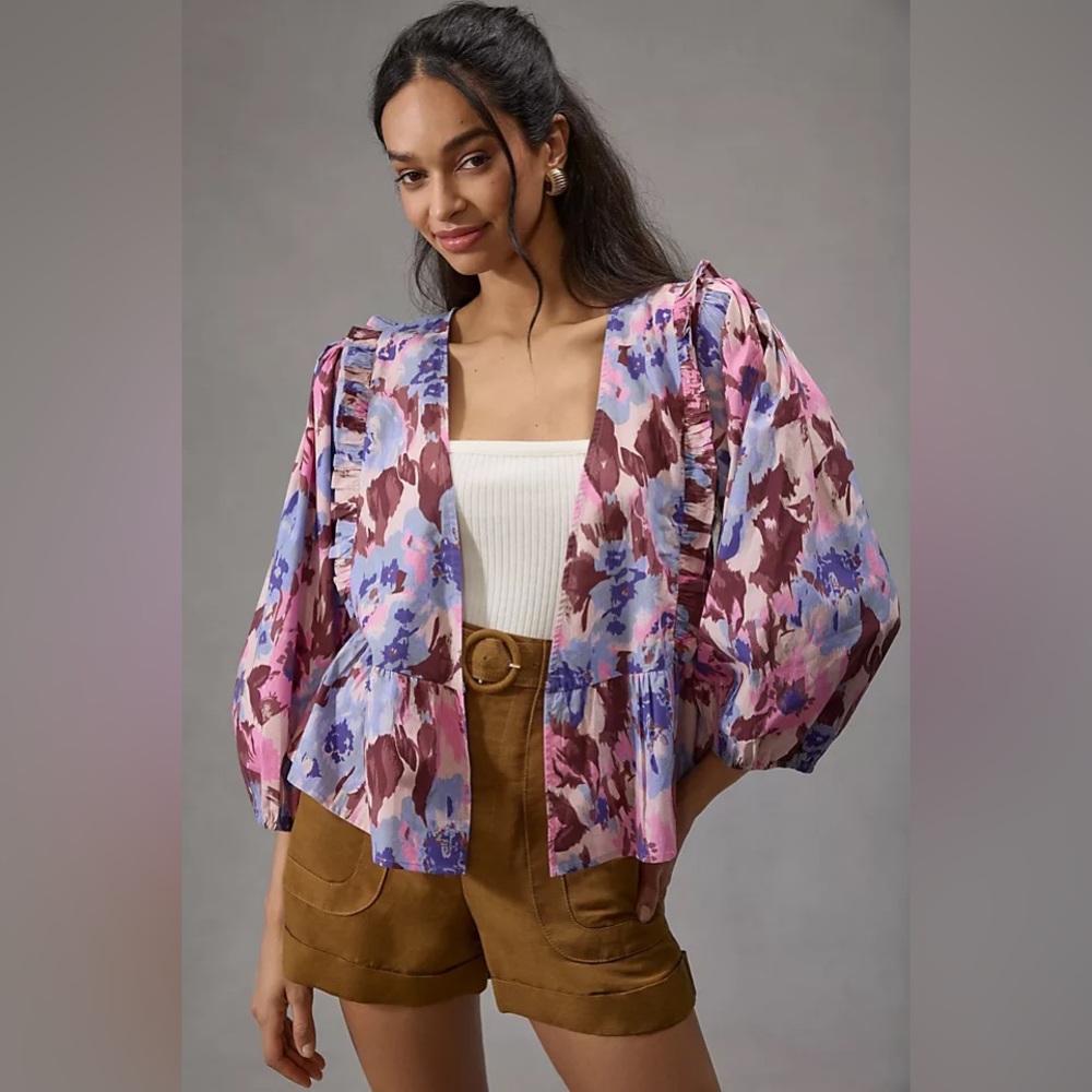 Anthropologie Floral Puff-Sleeve Pink & Purple Kimono